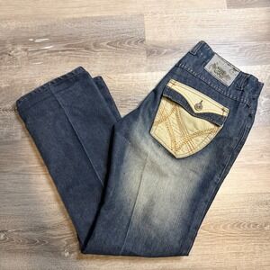 Bare Fox Mens 34 Blue Denim Jeans Y2K Embroidered Flap Pocket Straight Leg